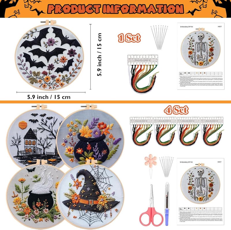 YOUDRN Halloween Embroidery Kit,Halloween Cross Stitch Kit,DIY Embroidery Kits for Adults,Embroidery Kit for Beginners with Pattern,Cotton Threads,Needles,Instruction,20cm Hoop,for Decor Home Room(Bat) - Image 3